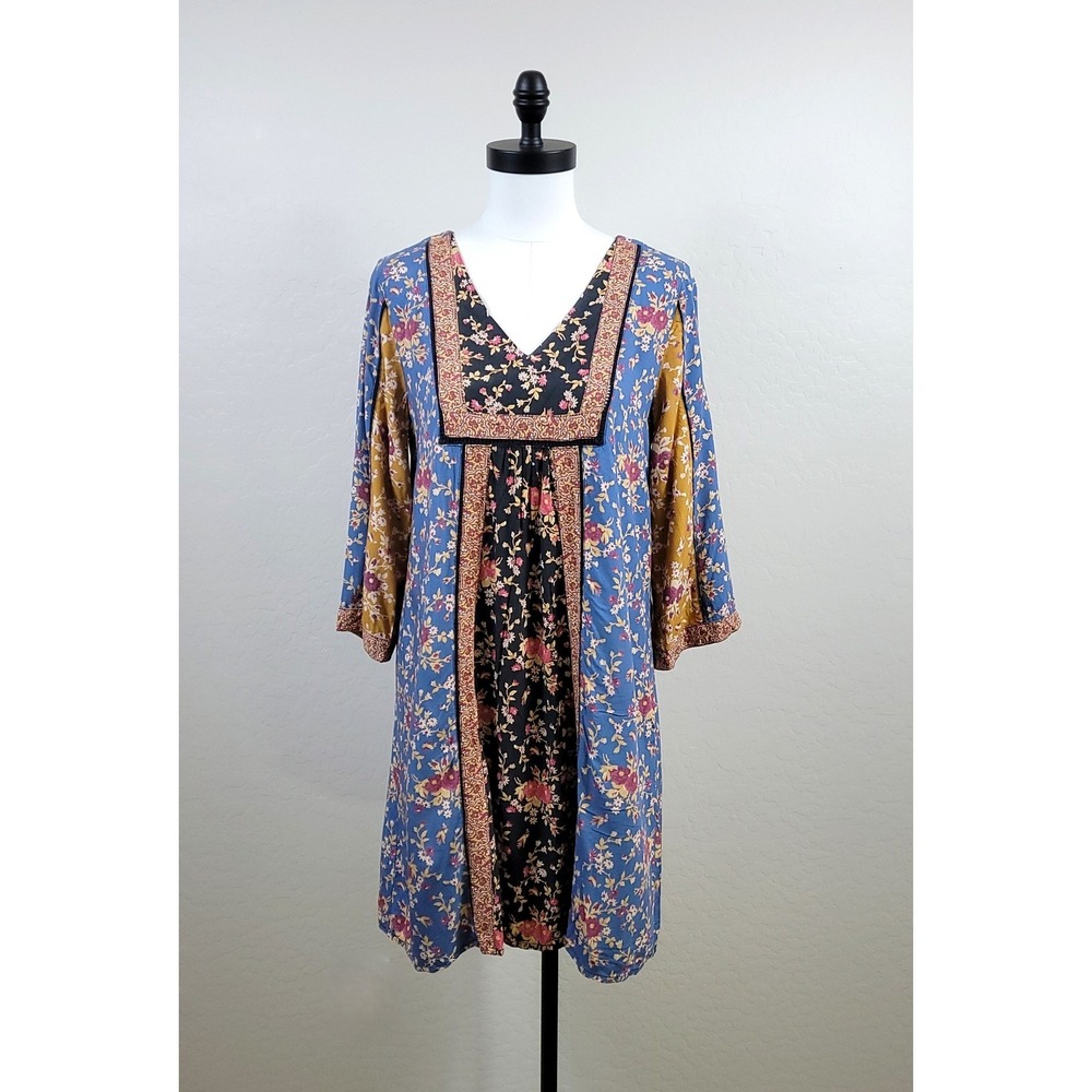 Sundance Tunic Dress Women Small Blue Floral Patchwork V-Neck 3/4 Sleeve Boho